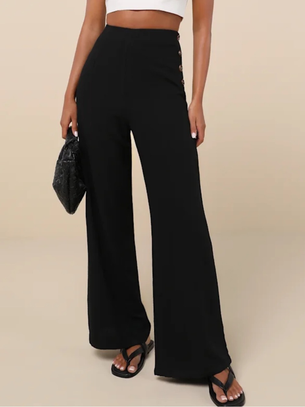 NEW! Lulu's Black High-Waist Wide Leg Pants w/ Side Buttons Accent | Size M